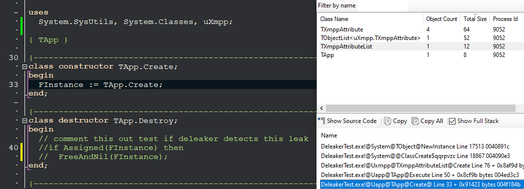 Deleaker locating a leaking allocation in source code